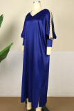 Royal Blue Fashion Casual Solid Hollowed Out Patchwork V Neck Long Sleeve Dresses