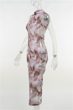 Brown Fashion Sexy Print Hollowed Out O Neck Sleeveless Dress