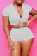 Grey Fashion Casual Solid Draw String Frenulum V Neck Short Sleeve Two Pieces