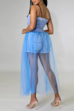 Blue Casual Solid Patchwork Buckle See-through Spaghetti Strap Dresses