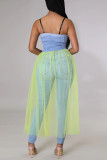 Blue Casual Solid Patchwork Buckle See-through Spaghetti Strap Dresses