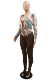 Coffee Sexy Print Patchwork Fold V Neck Long Sleeve Two Pieces