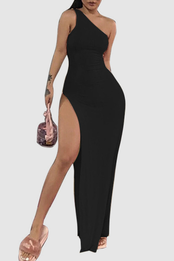 Black Sexy Solid Patchwork High Opening Oblique Collar Dresses