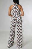 Black White Casual Print Patchwork O Neck Straight Jumpsuits