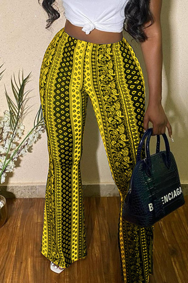 Yellow Casual Print Patchwork High Waist Straight Full Print Bottoms