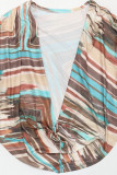 Coffee Sexy Print Patchwork Fold V Neck Long Sleeve Two Pieces