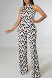 Black White Casual Print Patchwork O Neck Straight Jumpsuits