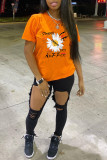 Orange Fashion Casual Print Basic O Neck T-Shirts