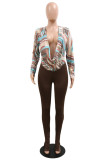 Coffee Sexy Print Patchwork Fold V Neck Long Sleeve Two Pieces