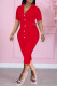 Red Fashion Casual Solid Asymmetrical Turndown Collar Short Sleeve Two Pieces