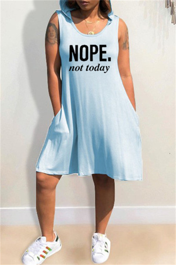 Light Blue Fashion Casual Letter Print Basic Hooded Collar Sleeveless Dress Dresses