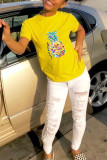 Yellow Fashion Casual Print Basic O Neck T-Shirts
