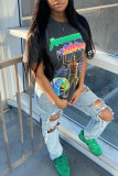Dark Gray Casual Street Print Patchwork O Neck T-Shirts