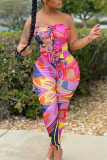 Multicolor Sexy Print Bandage Patchwork Strapless Sleeveless Two Pieces