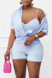 Pink Casual Striped Print Patchwork Buckle Turndown Collar Short Sleeve Two Pieces