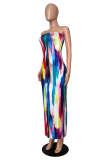 Colour Sexy Patchwork Tie-dye Slit Spaghetti Strap Pencil Skirt Dresses