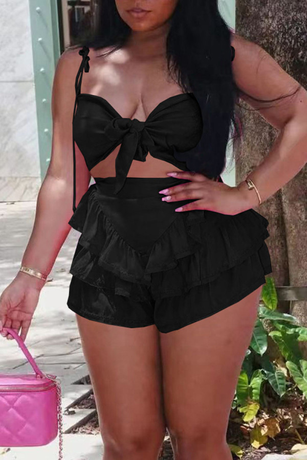 Black Sexy Solid Bandage Patchwork Flounce Spaghetti Strap Sleeveless Two Pieces