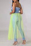 Blue Casual Solid Patchwork Buckle See-through Spaghetti Strap Dresses