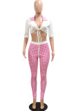 Pink Sexy Print Bandage Patchwork V Neck Short Sleeve Two Pieces
