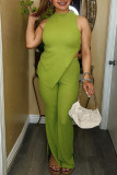 Fluorescent Green Sexy Solid Patchwork Asymmetrical O Neck Sleeveless Two Pieces