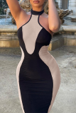 Bare Color Fashion Solid Patchwork Halter Pencil Skirt Dresses