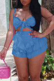 Pink Sexy Solid Bandage Patchwork Flounce Spaghetti Strap Sleeveless Two Pieces