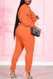 Orange Fashion Casual Patchwork Strap Design O Neck Plus Size Set