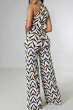 Black White Casual Print Patchwork O Neck Straight Jumpsuits