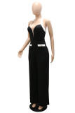 Black Casual Solid Patchwork Backless Halter Straight Jumpsuits