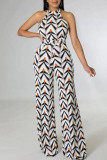 Black White Casual Print Patchwork O Neck Straight Jumpsuits