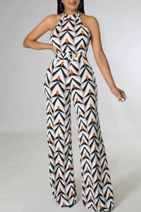 Black White Casual Print Patchwork O Neck Straight Jumpsuits
