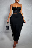 Black Fashion Casual Solid Tassel Patchwork Skinny High Waist Conventional Solid Color Bottoms