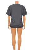 Dark Gray Casual Street Print Patchwork O Neck T-Shirts
