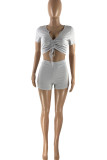 Rose Red Fashion Casual Solid Draw String Frenulum V Neck Short Sleeve Two Pieces