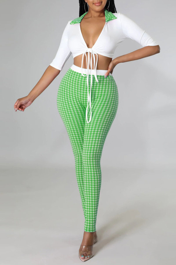 Green Sexy Print Bandage Patchwork V Neck Short Sleeve Two Pieces