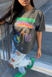 Dark Gray Casual Street Print Patchwork O Neck T-Shirts