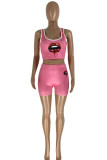 Pink Fashion Casual Lips Printed Basic U Neck Sleeveless Two Pieces