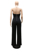Black Casual Solid Patchwork Backless Halter Straight Jumpsuits