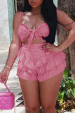 Pink Sexy Solid Bandage Patchwork Flounce Spaghetti Strap Sleeveless Two Pieces