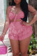 Pink Sexy Solid Bandage Patchwork Flounce Spaghetti Strap Sleeveless Two Pieces