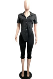 Red Fashion Casual Solid Asymmetrical Turndown Collar Short Sleeve Two Pieces