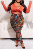Red Fashion Casual Print Bandage V Neck Plus Size Two Pieces