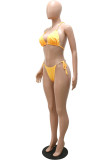 Tangerine Red Sexy Print Patchwork Swimwears Three Pieces