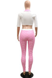 Pink Sexy Print Bandage Patchwork V Neck Short Sleeve Two Pieces