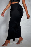 Black Fashion Casual Solid Tassel Patchwork Skinny High Waist Conventional Solid Color Bottoms