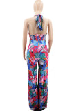 Colour Sexy Print Hollowed Out Split Joint Backless Halter Straight Jumpsuits