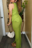 Fluorescent Green Sexy Solid Patchwork Asymmetrical O Neck Sleeveless Two Pieces