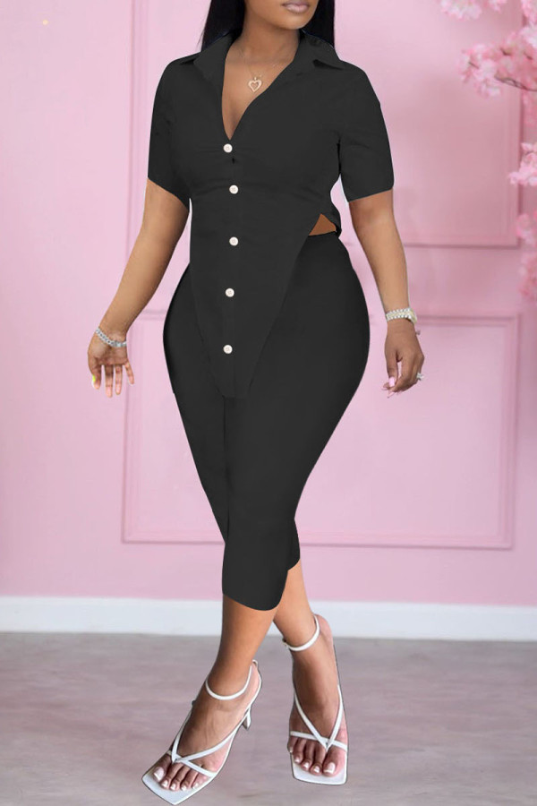 Black Fashion Casual Solid Asymmetrical Turndown Collar Short Sleeve Two Pieces