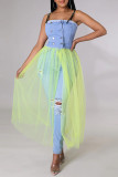 Blue Casual Solid Patchwork Buckle See-through Spaghetti Strap Dresses