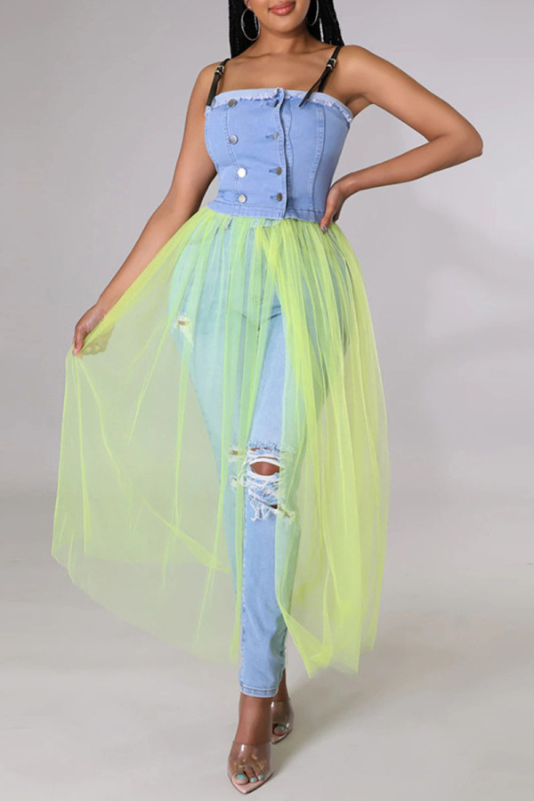 Yellow Casual Solid Patchwork Buckle See-through Spaghetti Strap Dresses